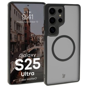 Etui z pierścieniem magnetycznym Bizon Case MatteO do Galaxy S25 Ultra, półprzezroczyste z czarną ramką