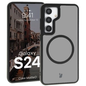 Etui z pierścieniem magnetycznym Bizon Case MatteO do Galaxy S24, półprzezroczyste z czarną ramką