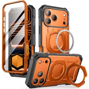 Etui pancerne + szkło 9H Supcase UB Grip Pro Mag SPG (CC) do MagSafe do iPhone 17 Pro, szaro-przezroczysto-pomarańczowe