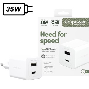 Ładowarka sieciowa GaN USB-A PD, USB-C QC, 35W, Empower Turbo, biała