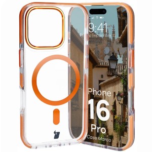 Etui z pierścieniem magnetycznym Bizon Case Marco do iPhone 16 Pro, przezroczyste z pomarańczową ramką