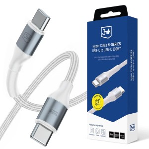 Kabel z oplotem USB-C - USB-C, 3mk Hyper Cable 100W, 1 m, Power Delivery, biały