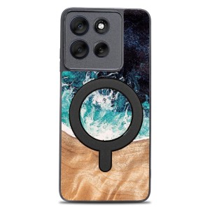 Drewniane etui do Motorola Moto G56 5G, Bewood Unique Dream Island do MagSafe, niebiesko-brązowe