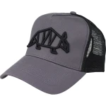 Czapka z daszkiem i siatką Snapback Trucker z logo Pancernik.eu, szaro-czarna z czarnym naszyciem