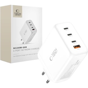 Ładowarka sieciowa GaN 3x USB-C PD, USB-A QC 3.0, 200W, Tech-Protect NC200W, biała