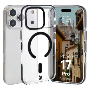 Etui z pierścieniem magnetycznym Bizon Case Marco do iPhone 17 Pro, przezroczyste z czarną ramką