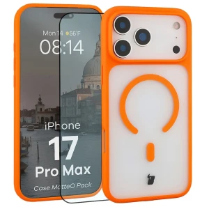Etui z pierścieniem magnetycznym + szkło hartowane Bizon MatteO Pack do iPhone 17 Pro Max, przydymione-pomarańczowe