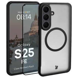 Etui z pierścieniem magnetycznym + szkło hartowane Bizon MatteO Pack do Galaxy S25 FE, przydymione-czarne