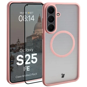 Etui z pierścieniem magnetycznym + szkło hartowane Bizon MatteO Pack do Galaxy S25 FE, przydymione-jasnoróżowe