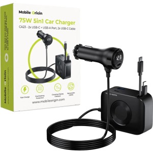 Ładowarka samochodowa z hubem o długości 0.6m, Mobile Origin CA23 75W,  2x USB-C, USB-A, rozwijane kable, czarne