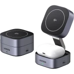 Składana ładowarka indukcyjna, podróżna 2w1 Ugreen W702 15W do MagSafe, Qi2, USB-C, szara