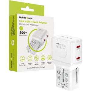 Ładowarka sieciowa, podróżna GaN 2x USB-C PD, 45W, Mobile Origin Travel Adapter PW26, adaptery UK / USA / AU / EU, biała