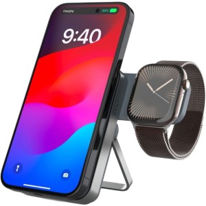 Powerbank 5000 mAh do MagSafe 2w1, Fixed MagZen 5 Stand, podstawka, do Apple Watch, USB-C 20W, szary