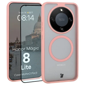 Etui z pierścieniem magnetycznym + szkło hartowane Bizon MatteO Pack do Honor Magic8 Lite, przydymione-jasnoróżowe