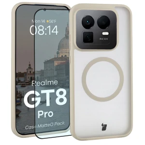 Etui z pierścieniem magnetycznym + szkło hartowane Bizon MatteO Pack do Realme GT 8 Pro, przydymione-beżowe