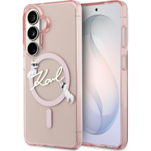 Etui Karl Lagerfeld IML Print MagSafe Karl Script do Galaxy S26, półprzezroczyste różowe z kotką Choupette