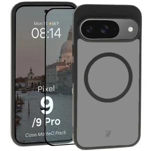 Etui z pierścieniem magnetycznym + szkło hartowane Bizon MatteO Pack do Google Pixel 9 / 9 Pro, przydymione-czarne