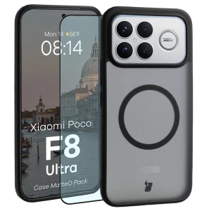 Etui z pierścieniem magnetycznym + szkło hartowane Bizon MatteO Pack do Xiaomi POCO F8 Ultra, przydymione-czarne