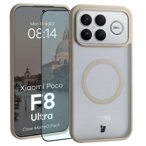 Etui z pierścieniem magnetycznym + szkło hartowane Bizon MatteO Pack do Xiaomi POCO F8 Ultra, przydymione-beżowe