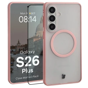 Etui z pierścieniem magnetycznym + szkło hartowane Bizon MatteO Pack do Galaxy S26 Plus, przydymione-jasnoróżowe