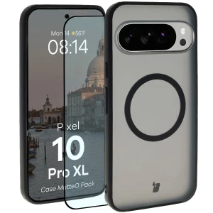 Etui z pierścieniem magnetycznym + szkło hartowane Bizon MatteO Pack do Google Pixel 10 Pro XL, przydymione-czarne
