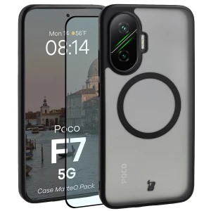 Etui z pierścieniem magnetycznym + szkło hartowane Bizon MatteO Pack do Xiaomi POCO F7, przydymione-czarne