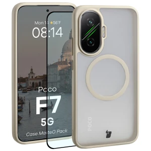 Etui z pierścieniem magnetycznym + szkło hartowane Bizon MatteO Pack do Xiaomi POCO F7, przydymione-beżowe
