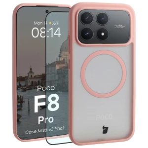 Etui z pierścieniem magnetycznym + szkło hartowane Bizon MatteO Pack do Xiaomi POCO F8 Pro, przydymione-jasnoróżowe