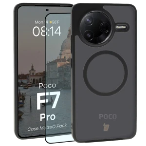 Etui z pierścieniem magnetycznym + szkło hartowane Bizon MatteO Pack do Xiaomi POCO F7 Pro, przydymione-czarne