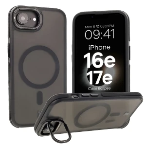 Etui z podstawką i pierścieniem magnetycznym Bizon Case Eclipse do iPhone 17e / 16e, przydymione z czarną ramką