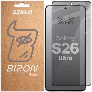 Prywatyzujące szkło hartowane Bizon Glass Edge Shadow do Galaxy S26 Ultra, przyciemniane z czarną ramką