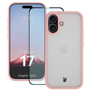 Etui + szkło hartowane Bizon Angelo Pack do iPhone 17, półprzezroczyste z jasnoróżową ramką