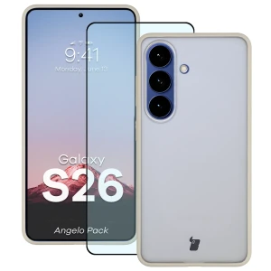 Etui + szkło hartowane Bizon Angelo Pack do Galaxy S26, półprzezroczyste z beżową ramką