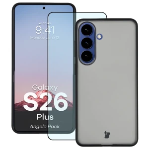 Etui + szkło hartowane Bizon Angelo Pack do Galaxy S26 Plus, przydymione z czarną ramką