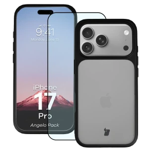Etui + szkło hartowane Bizon Angelo Pack do iPhone 17 Pro, przydymione z czarną ramką