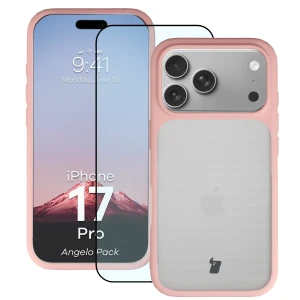 Etui + szkło hartowane Bizon Angelo Pack do iPhone 17 Pro, półprzezroczyste z jasnoróżową ramką
