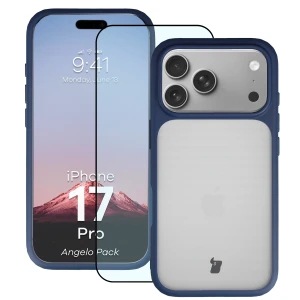 Etui + szkło hartowane Bizon Angelo Pack do iPhone 17 Pro, półprzezroczyste z granatową ramką