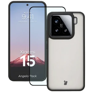 Etui + szkło hartowane Bizon Angelo Pack do Xiaomi 15, przydymione z czarną ramką