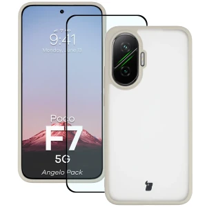 Etui + szkło hartowane Bizon Angelo Pack do Xiaomi POCO F7, półprzezroczyste z beżową ramką