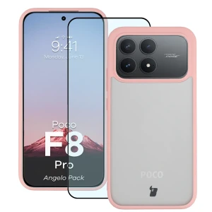 Etui + szkło hartowane Bizon Angelo Pack do Xiaomi POCO F8 Pro, półprzezroczyste z jasnoróżową ramką