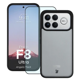 Etui + szkło hartowane Bizon Angelo Pack do Xiaomi POCO F8 Ultra, przydymione z czarną ramką