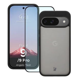 Etui + szkło hartowane Bizon Angelo Pack do Google Pixel 9 / 9 Pro, przydymione z czarną ramką