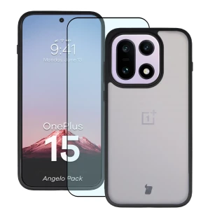 Etui + szkło hartowane Bizon Angelo Pack do OnePlus 15, przydymione z czarną ramką