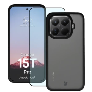 Etui + szkło hartowane Bizon Angelo Pack do Xiaomi 15T Pro, przydymione z czarną ramką