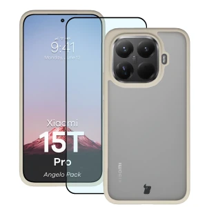 Etui + szkło hartowane Bizon Angelo Pack do Xiaomi 15T Pro, półprzezroczyste z beżową ramką