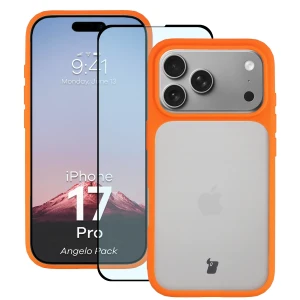 Etui + szkło hartowane Bizon Angelo Pack do iPhone 17 Pro, przydymione z pomarańczową ramką