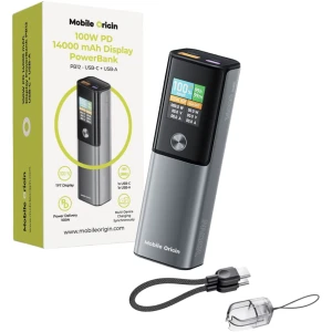 Powerbank Mobile Origin PB12, 14 000 mAh, 100W, USB-C / USB-A, wyświetlacz, szaro-czarny