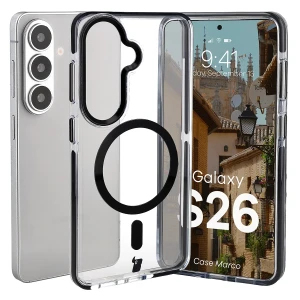 Etui z pierścieniem magnetycznym Bizon Case Marco do Galaxy S26, przezroczyste z czarną ramką