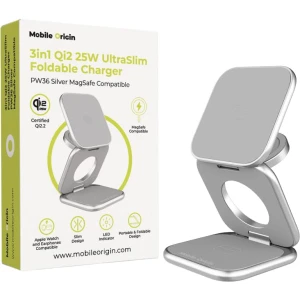 Składana ładowarka indukcyjna 3w1, Qi2.2 25W, Mobile Origin UltraSlim Foldable Charger PW36, 35W, kabel USB-C, srebrna