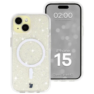 Etui brokatowe z pierścieniem magnetycznym Bizon Case SparklO do iPhone 15, przezroczyste z brokatem
